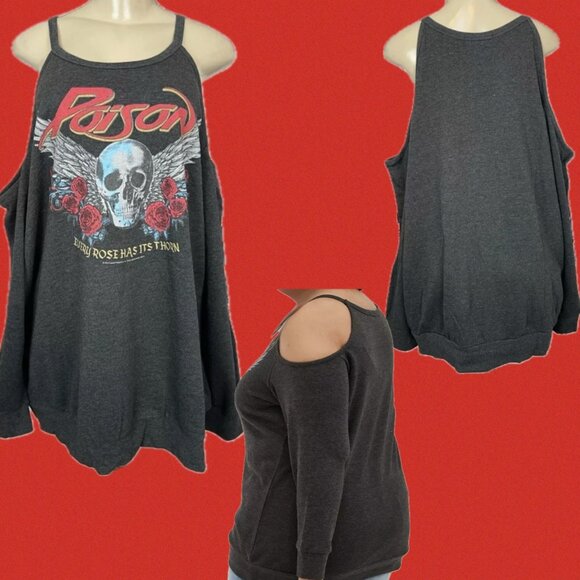Vinyl Icons +5 Gray Fleece Knit Poison Band Skull-Rose Cold Shoulder Sweatshirt - Picture 1 of 8